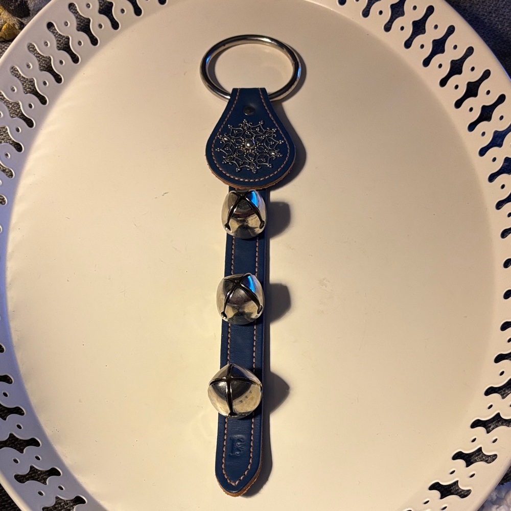 Belsnickel Bells blue leather strap sleigh bell door hanger with snowflake charm